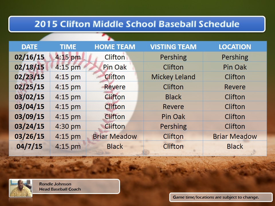 2015 Clifton Middle School Baseball Schedule 